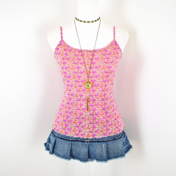 VTG 00s Y2K Newport News Pink Floral Semi Sheer Mesh Lettuce Hem Cami Top Sz 1X - Picture 1 of 6